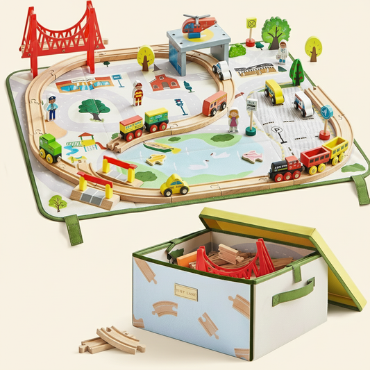 110-Piece Wooden Train Set with Folding Storage Box