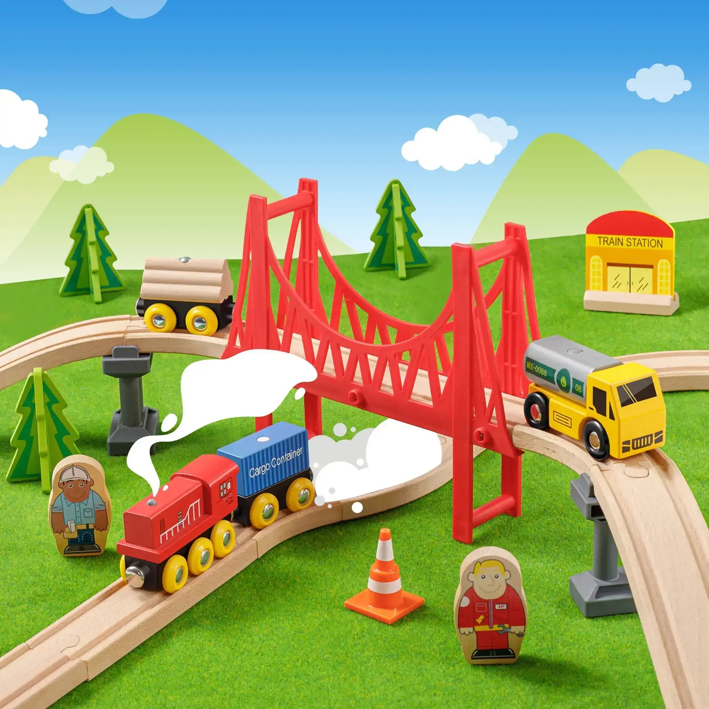 Wooden Track Trains 55 Pcs
