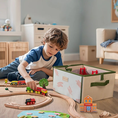 110-Piece Wooden Train Set with Folding Storage Box