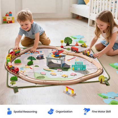 110-Piece Wooden Train Set with Folding Storage Box